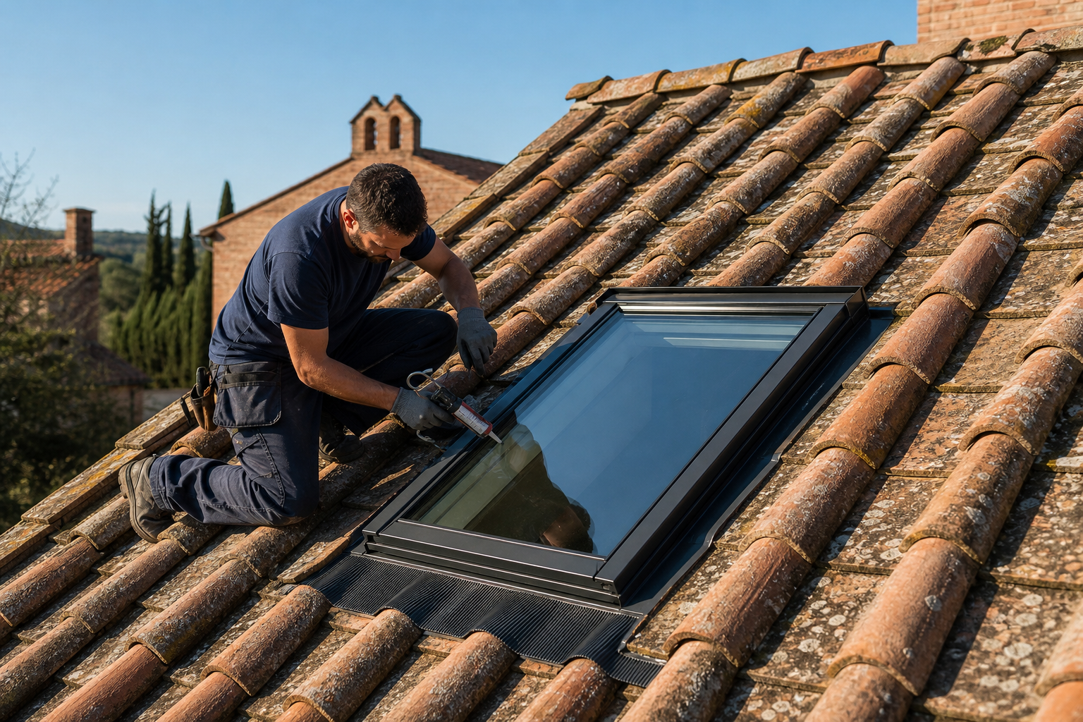 Lucernario a falda con finestra apribile su tetto in coppi toscani